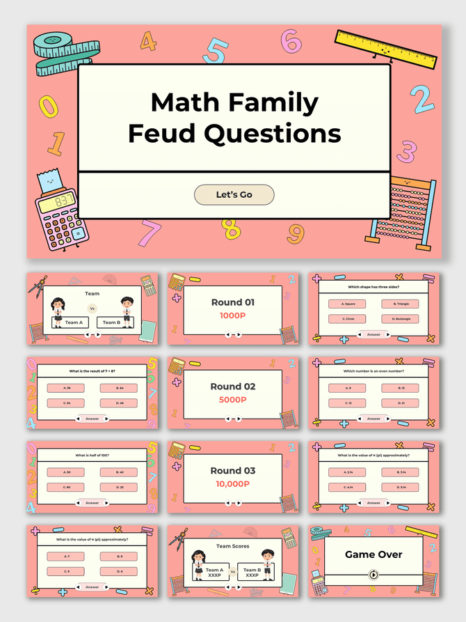 Math Family Feud Questions game template with pink theme, math tools, numbers, cartoon teams, quiz rounds, and answer boxes.