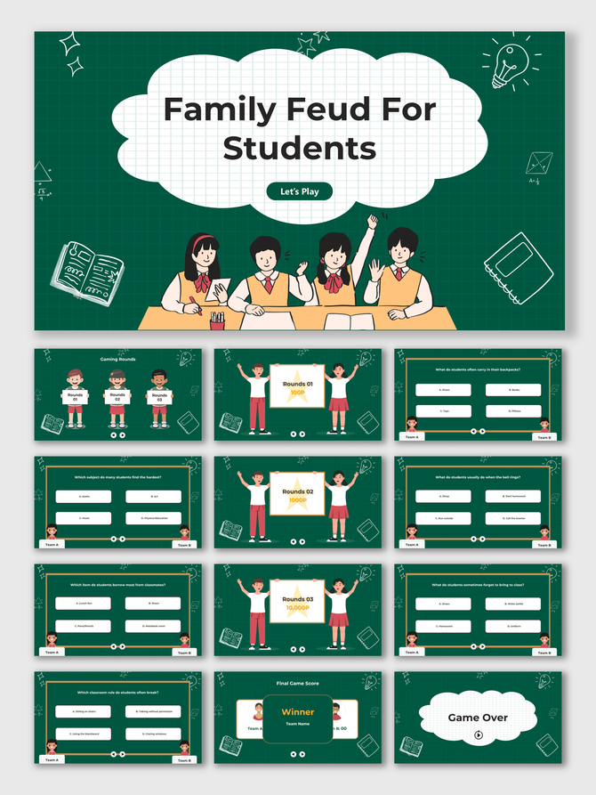 Family Feud For Students game template with green chalkboard theme, cartoon students, quiz rounds, and classroom doodles.