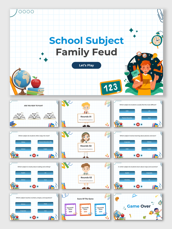 School Subject Family Feud game template with grid background, books, globe, cartoon students, quiz rounds, and scoreboards.