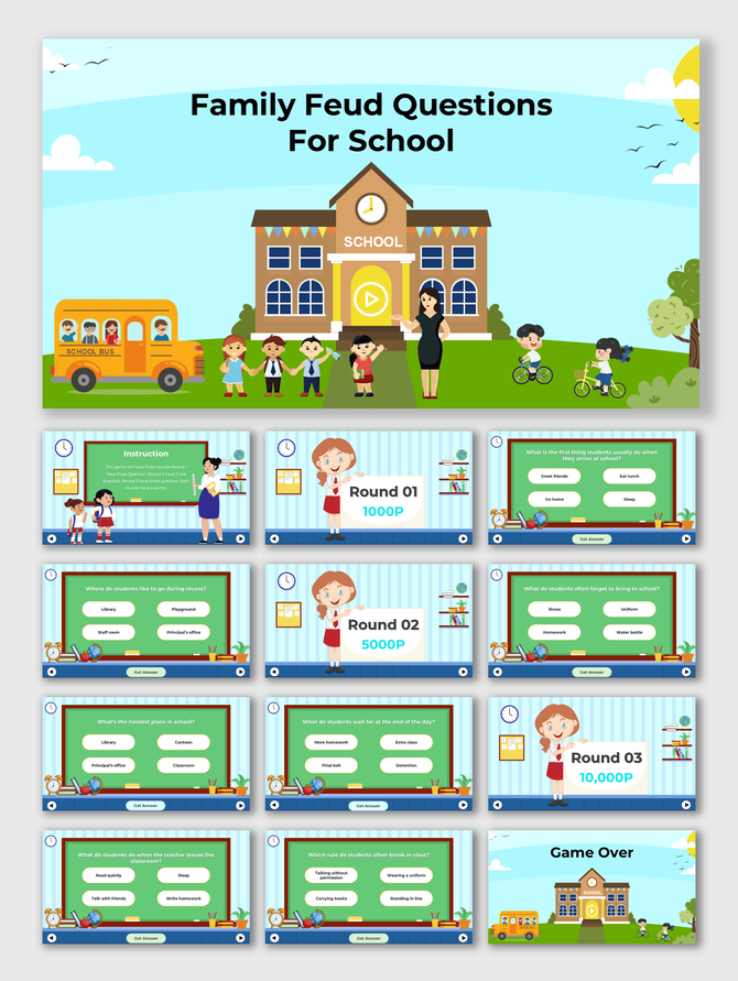 Family Feud Questions For School game template with cartoon school, bus, kids, teachers, green boards, and quiz rounds.