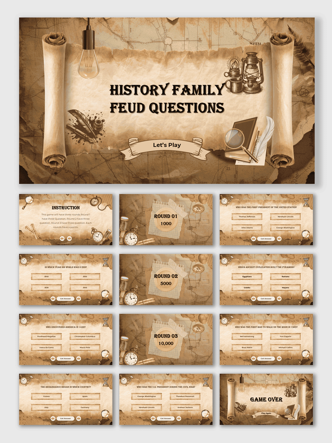 History Family Feud Questions game template with vintage brown theme, scrolls, antique icons, quiz rounds, and answer boxes.