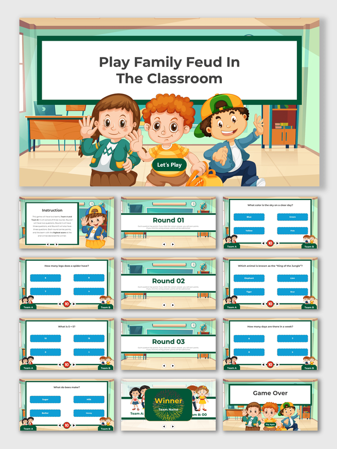 Play Family Feud In The Classroom game template with cartoon kids, green board theme, quiz rounds, answers, and scoreboards.