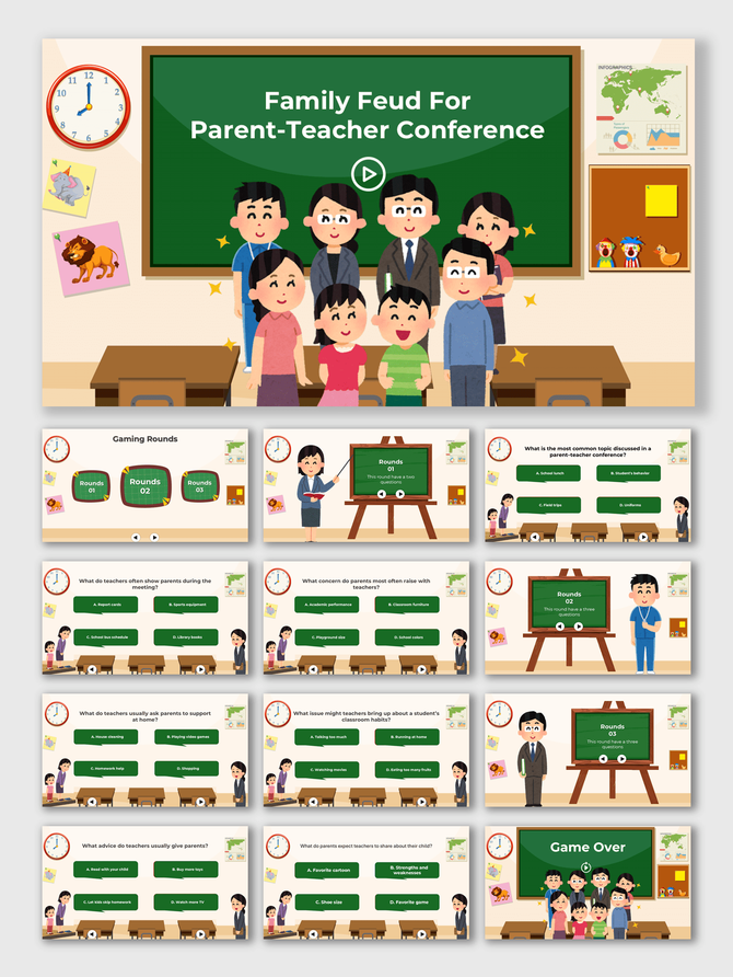 Family Feud For Parent-Teacher Conference game template with green boards, cartoon parents, teachers, and quiz rounds.