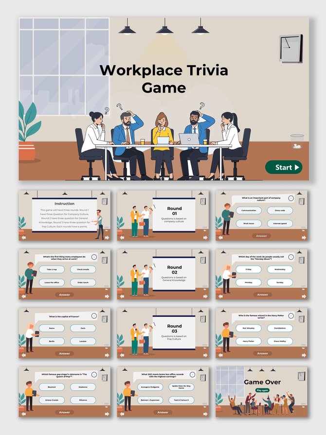 Workplace Trivia Game template with office theme, cartoon employees, projector screens, quiz rounds, and answer cards.