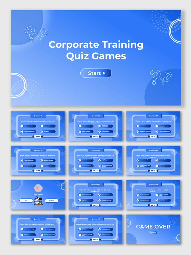 Corporate Training Quiz Games template with blue theme, abstract circles, quiz rounds, answer boxes, timers, and game over.