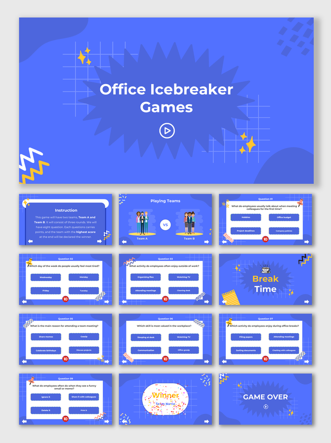 Office Icebreaker Games template with blue theme, abstract shapes, quiz rounds, answer boxes, team icons, and winner screen.