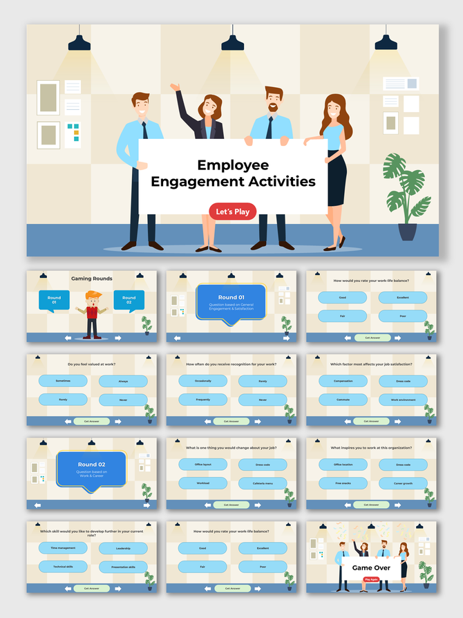 Employee Engagement Activities game template with office theme, cartoon workers, quiz rounds, answer boxes, and results.