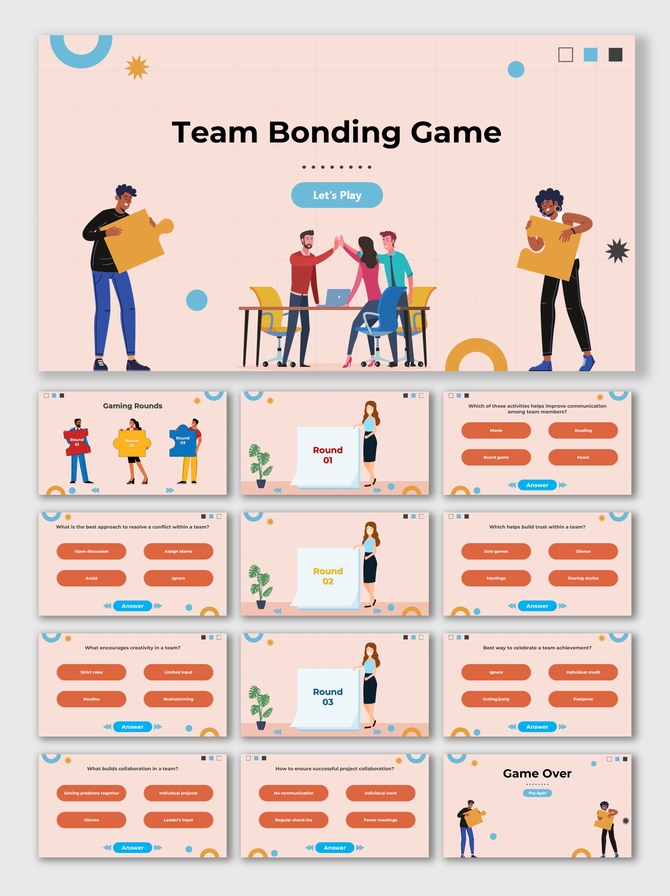 Team Bonding Game template with peach theme, cartoon teammates, puzzle icons, quiz rounds, answer boxes, and results.