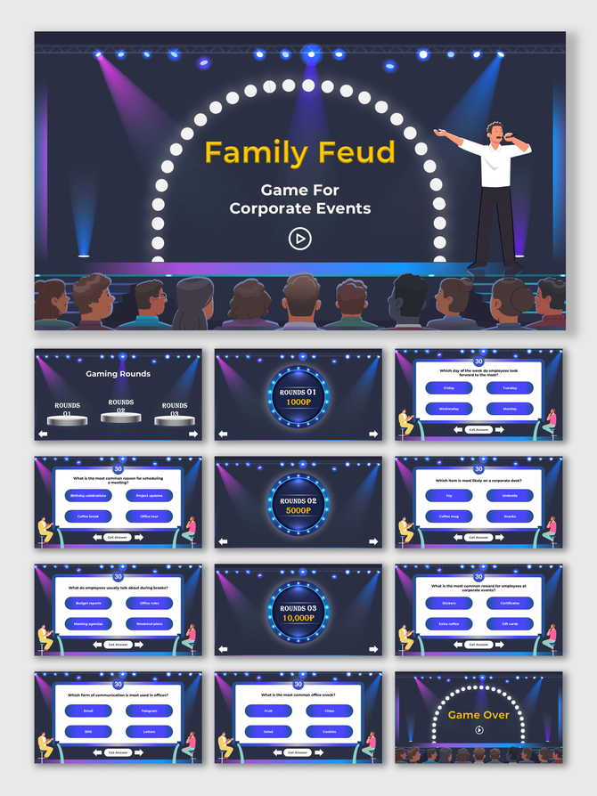 Family Feud Game For Corporate Events template with stage lights, host, audience, quiz rounds, answer boxes, and results.