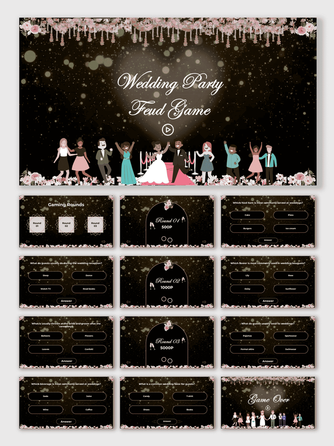 Wedding Party Feud Game template with black-gold theme, floral borders, bride-groom cartoons, quiz rounds, and answers.