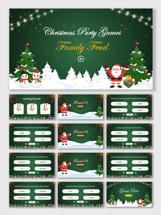 Christmas Party Games Family Feud template with green festive theme, Santa, snowmen, trees, quiz rounds, and answers.