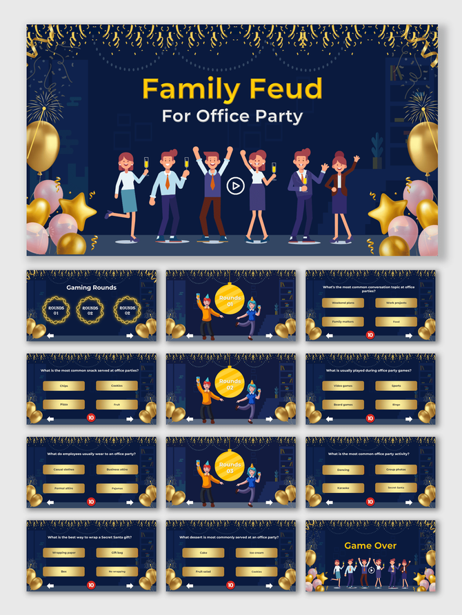 Family Feud For Office Party template with navy theme, golden balloons, cartoon employees, quiz rounds, and results.