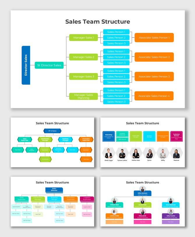 Sales Team Structure chart with colorful boxes showing director, managers, associates, and sales team hierarchy.