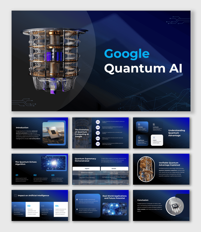 Google Quantum AI presentation with quantum processor image, blue gradient slides, and futuristic tech visuals.
