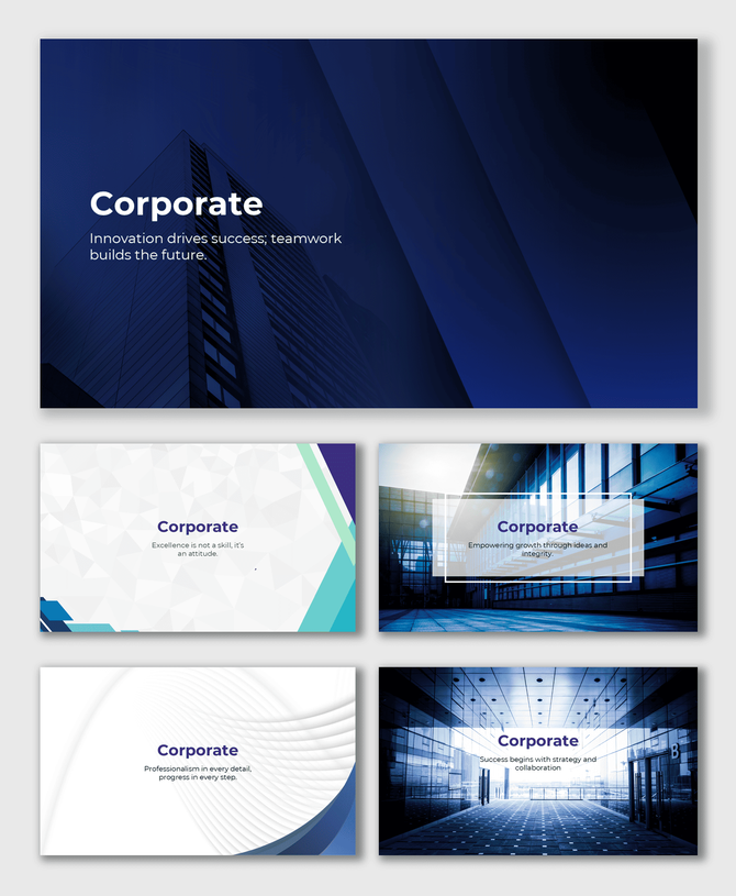 Corporate Background with blue gradients, office buildings, geometric shapes, and clean modern slide layout.