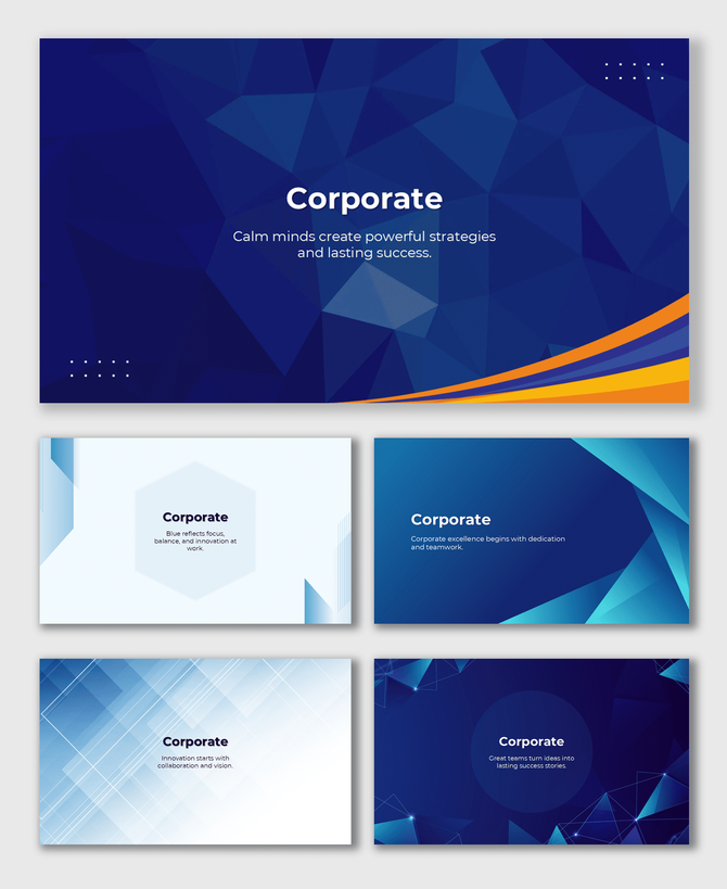 Blue Background Corporate template with geometric shapes, gradient tones, and clean text placeholders.