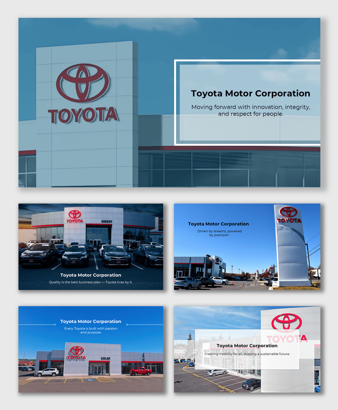Toyota Motor Corporation Background with logo building, parked cars, blue sky, and modern dealership design.