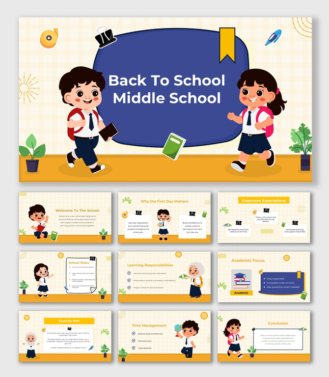 Back To School Middle School showing kids with backpacks, soft grid background, icons, and learning guidance slides.
