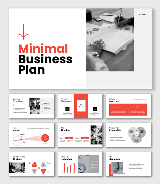 Alt: Minimal Business Plan presentation slide with clean red accents and a grayscale photo for startup strategy pitches.
