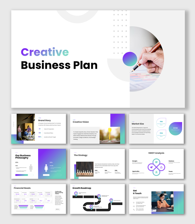 Creative business plan with modern white layout, purple gradients, charts, icons, and strategic planning slides.