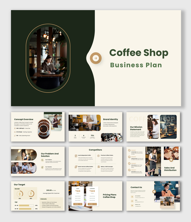 Alt: Professional Coffee Shop Business Plan slide with warm multicolor accents for outlining café brand and growth strategy.