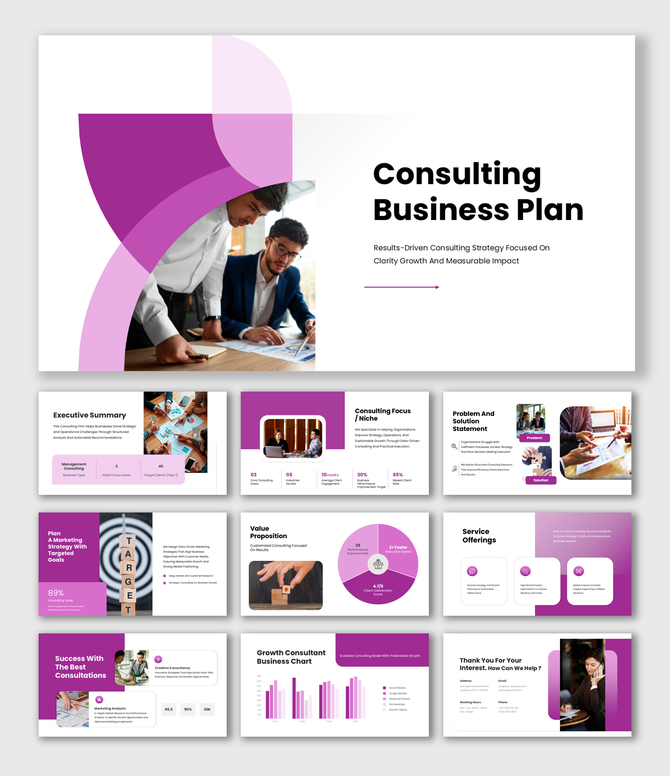 Alt: Overview of a 10-slide Consulting Business Plan deck featuring purple layouts for market segmentation, revenue charts, and services.