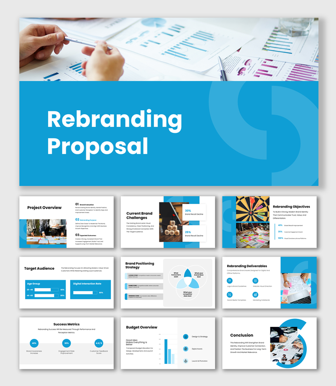 Rebranding Proposal slide showing brand metrics, blue overlays, strategy sections, charts, and modern layouts.