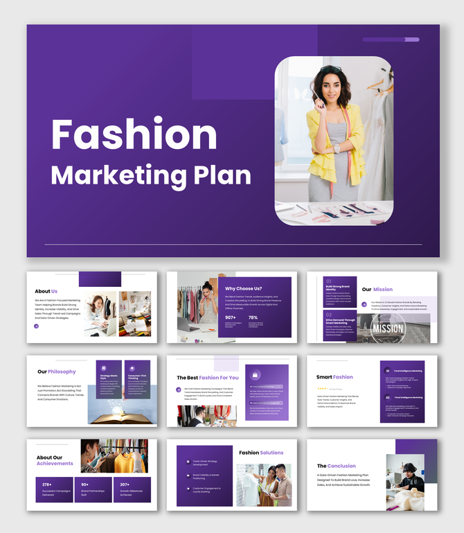 Fashion Marketing Plan with blue theme, model photo, strategy slides, icons, text blocks, and modern layouts.
