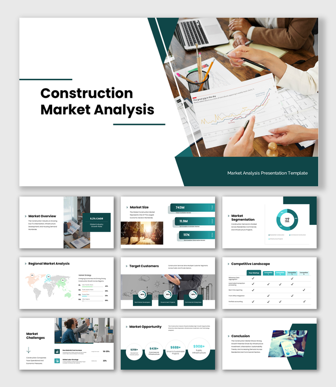 Construction Market Analysis presentation showing market size charts, segmentation visuals, and structured layouts.