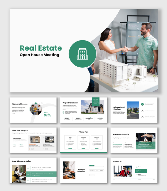 Real Estate Open House Meeting slide with handshake image, green icon, white layout, model building, clean text blocks.