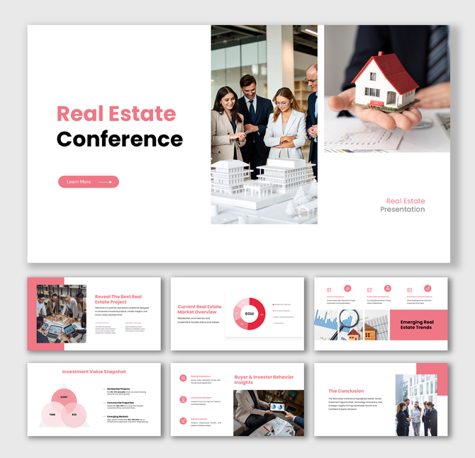 Real Estate Conference overview slide with collaboration images, property visuals, minimal red-white layout.
