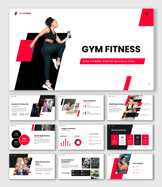 Alt: Overview of a 10-slide Gym Fitness deck featuring red and black layouts for market data, pricing, and workout visuals.