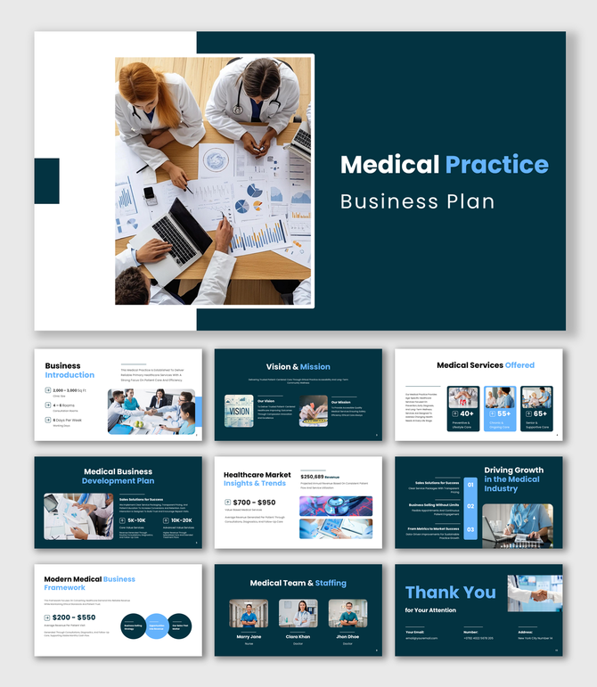Medical Practice Business Plan with doctors reviewing charts, teal theme, clean layout, data visuals.