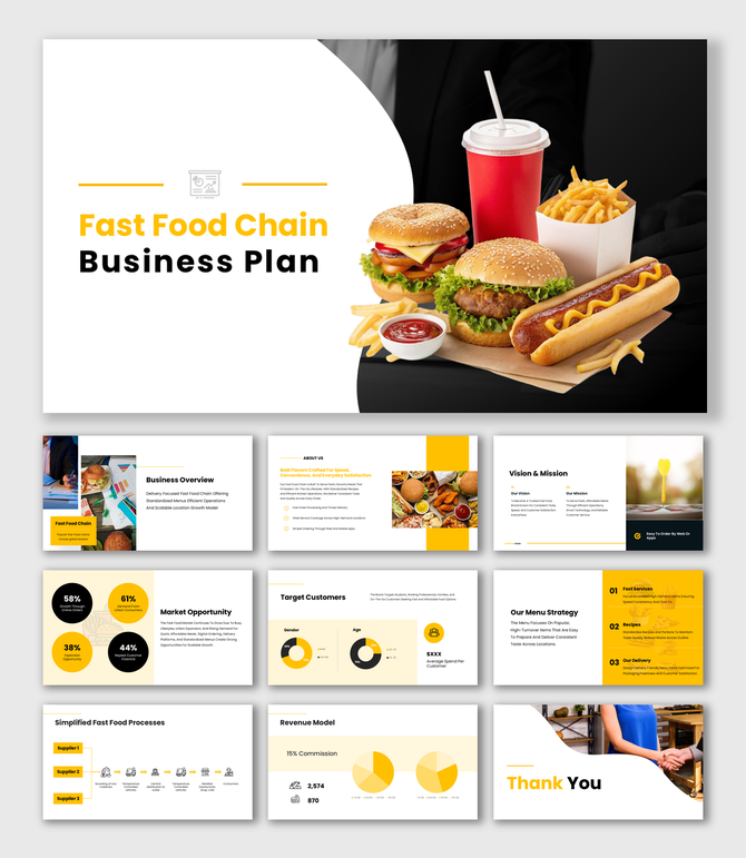 Fast Food Chain Business Plan presentation template featuring menu items, data charts, modern design.