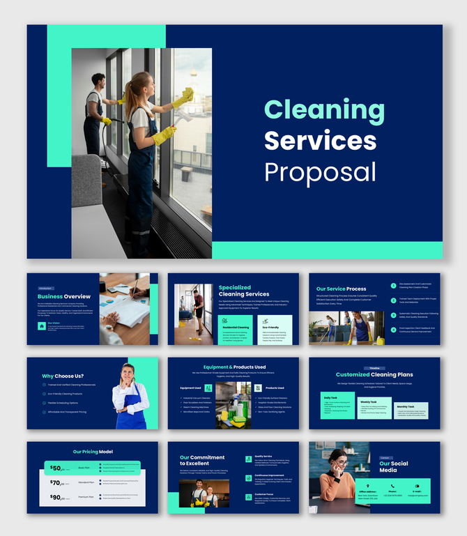 Cleaning Services Proposal presentation showing staff cleaning windows, navy blue layout, teal blocks.