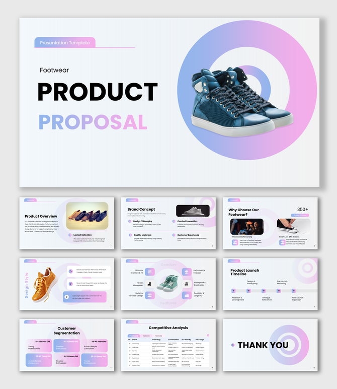 Product Proposal presentation showing footwear concept, light gradients, structured content blocks.