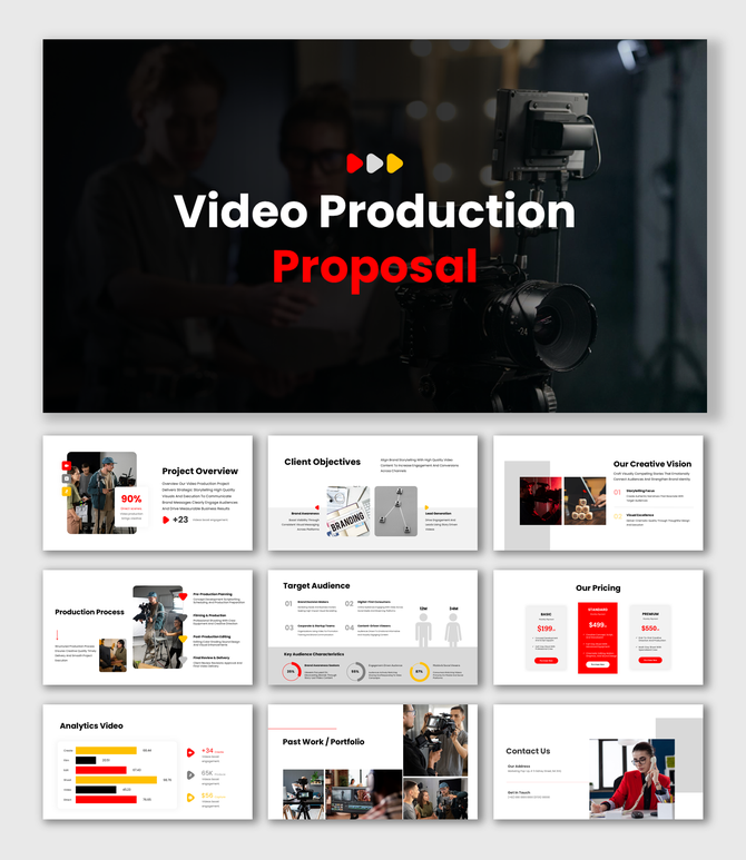 Video Production Proposal presentation with professional camera setup, dark background, bold red title.