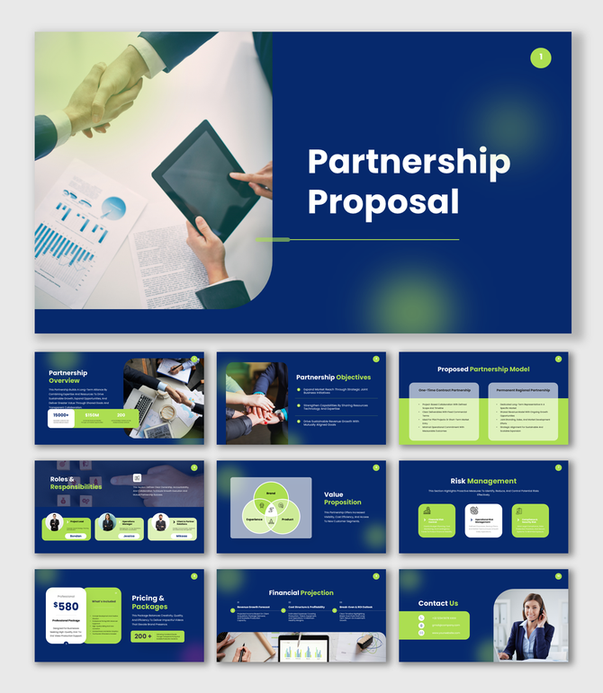 Partnership Proposal presentation with handshake image, blue-green theme, clear text blocks for business goals.