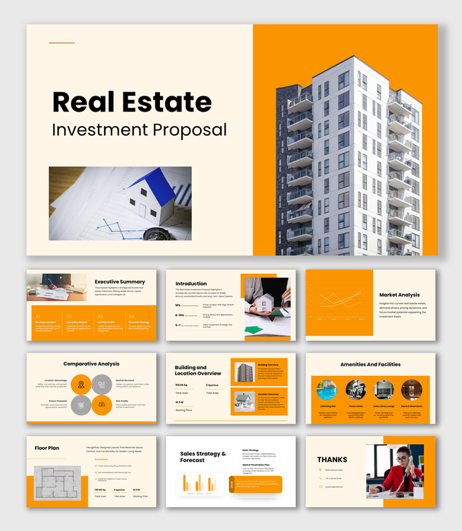 A Real Estate Investment Proposal presentation featuring floor plans, icons, warm colors, analysis slides