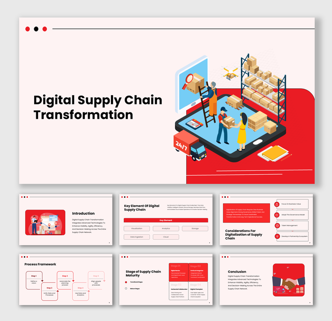 Digital Supply Chain Transformation slide with red theme, warehouse icons, mobile screen, and process visuals.