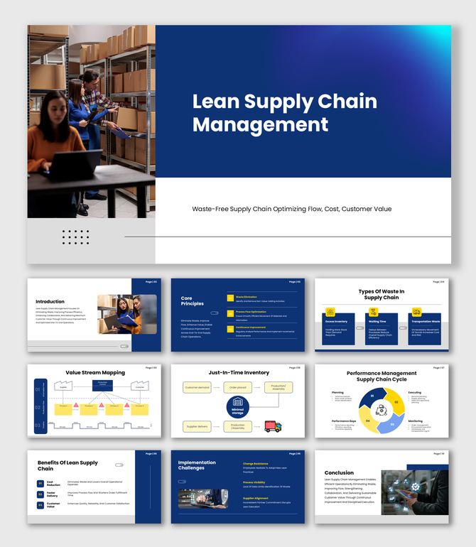 Lean Supply Chain Management slide with blue theme, warehouse team, inventory shelves, process diagrams.