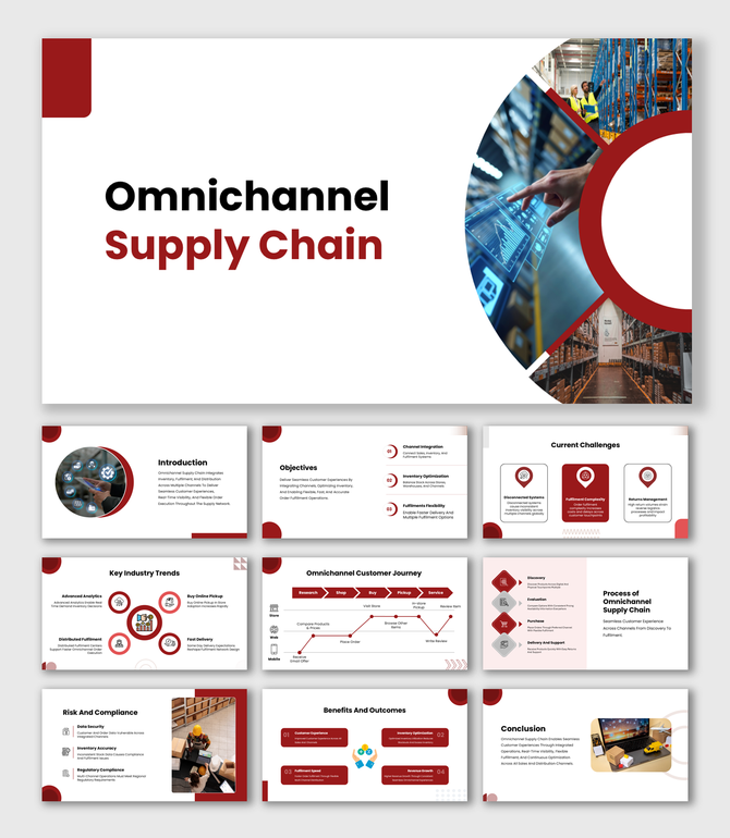 Omnichannel Supply Chain presentation showing inventory flow, icons, journey map, red circular shapes.
