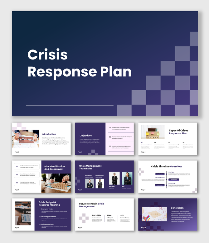 Crisis Response Plan presentation with dark blue theme, bold title text, geometric square shapes.