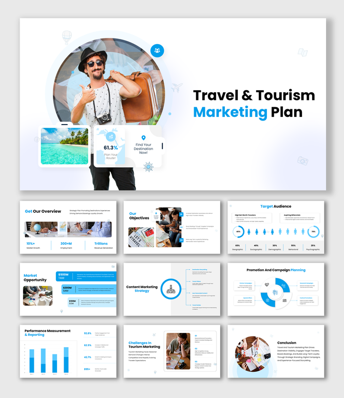 Travel And Tourism Marketing Plan presentation with traveler image, blue accents, icons, clean content blocks.