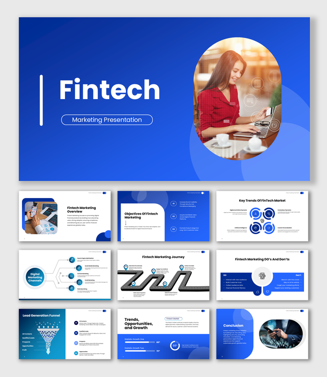 Fintech Marketing presentation with blue gradient layout, fintech icons, oval image, and clean text blocks.