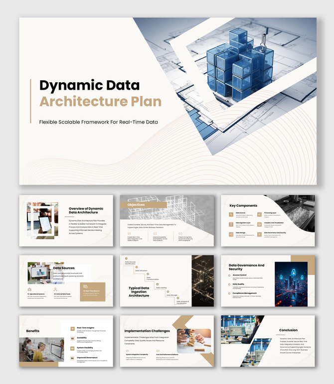 Dynamic Data Architecture Plan presentation with blue data blocks, blueprint background, clean layout, and text sections.