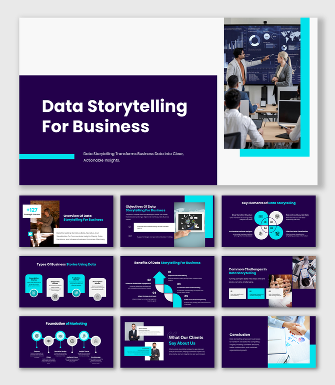 Data Storytelling For Business presentation with dark purple layout, team presenting dashboards and clear text blocks.