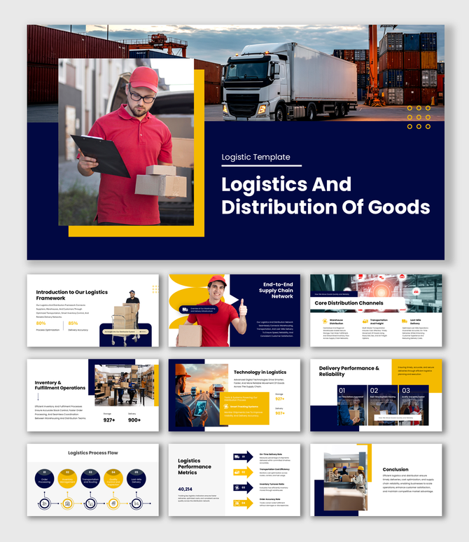 Logistics And Distribution Of Goods presentation with delivery staff, truck visuals, navy blue layout, bold text blocks.