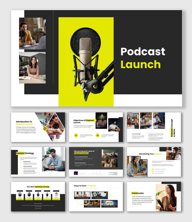 Podcast Launch presentation With Studio Microphone, Yellow Accent Panel, Dark Background, Clear Text Sections.