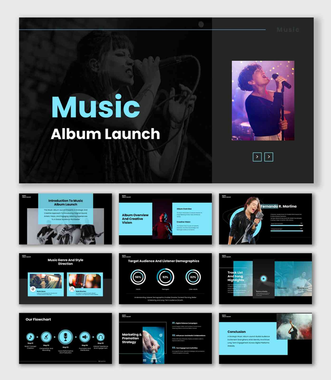 Music Album Launch presentation With Singer Microphone Image, Black Background, Cyan Text Blocks.